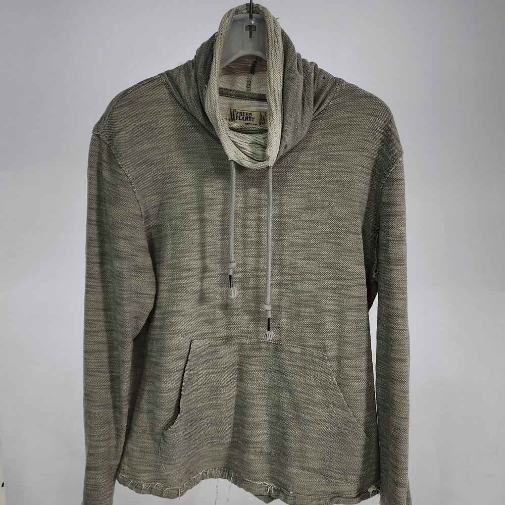 Free Planet Crowl Neck String Pullover Shirt Gray Raw Hem Pockets Unisex